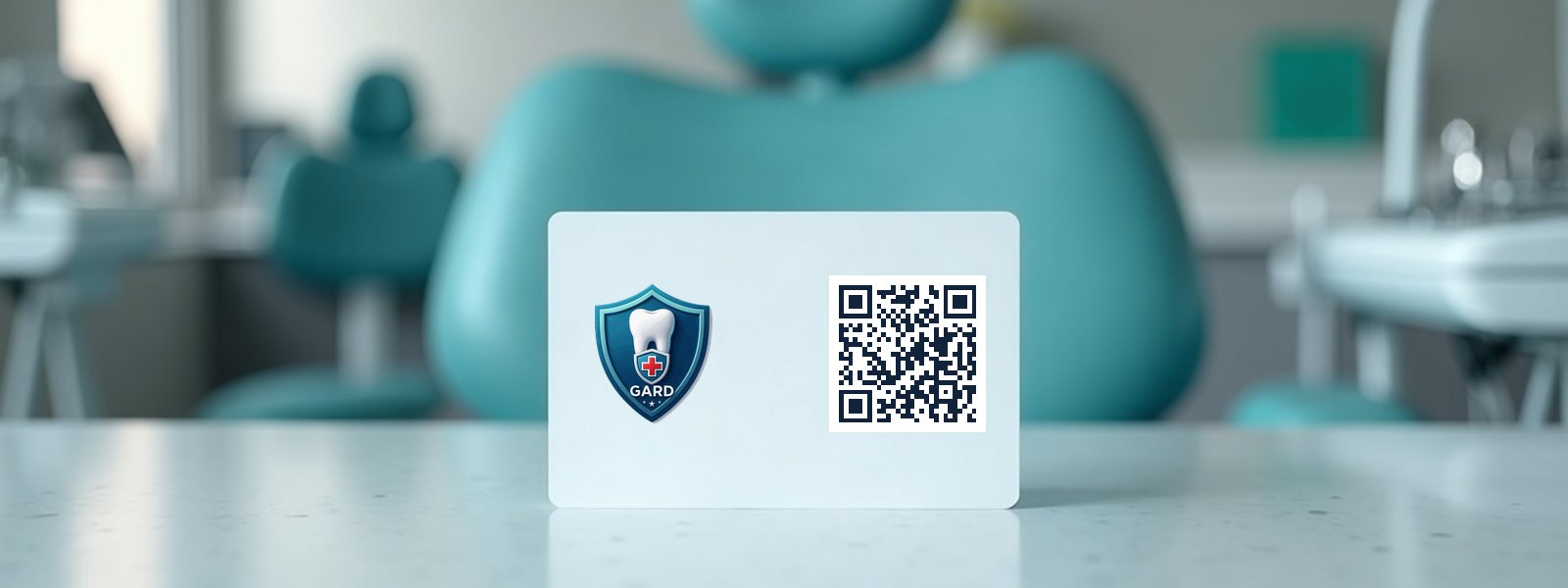 A card carrying the GetAReal.dentist shield and its QR code, standing on the counter of a dental surgery.