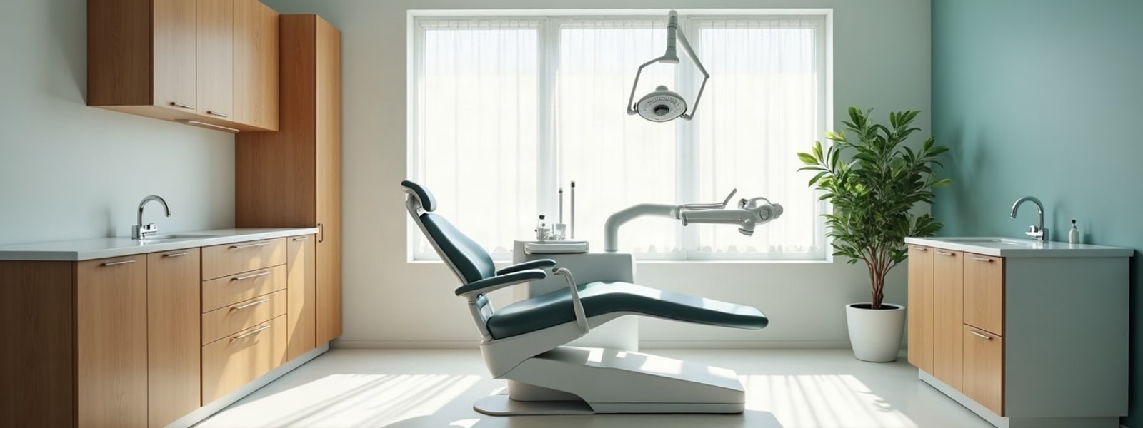 Consultorio dental limpio y vacío, y arquitectura mexicana contemporánea con luz natural. Solo ilustrativo.