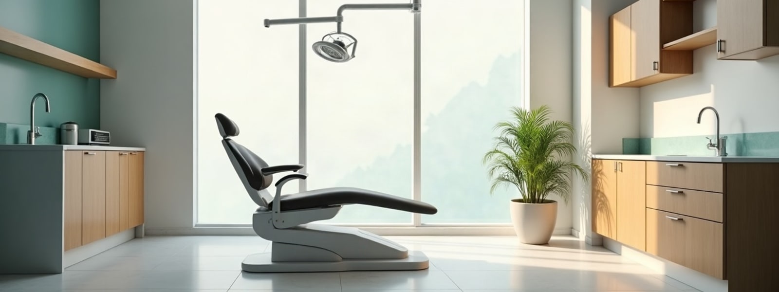 Consultorio dental limpio y vacío, y arquitectura mexicana contemporánea con luz natural. Solo ilustrativo.