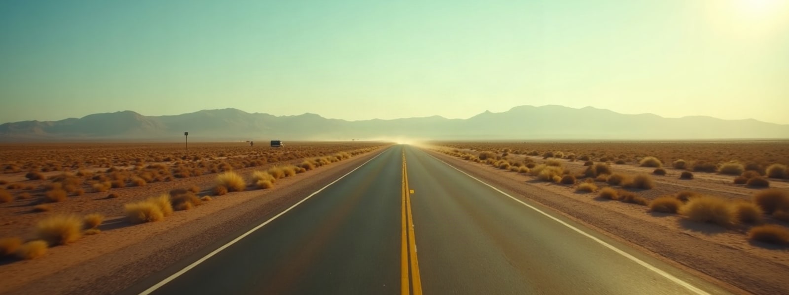An empty desert highway running toward distant mountains at dawn.
