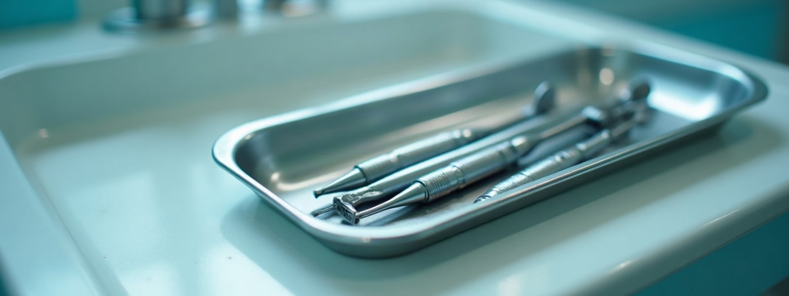 A stainless steel tray of clean dental instruments on a clinical surface.